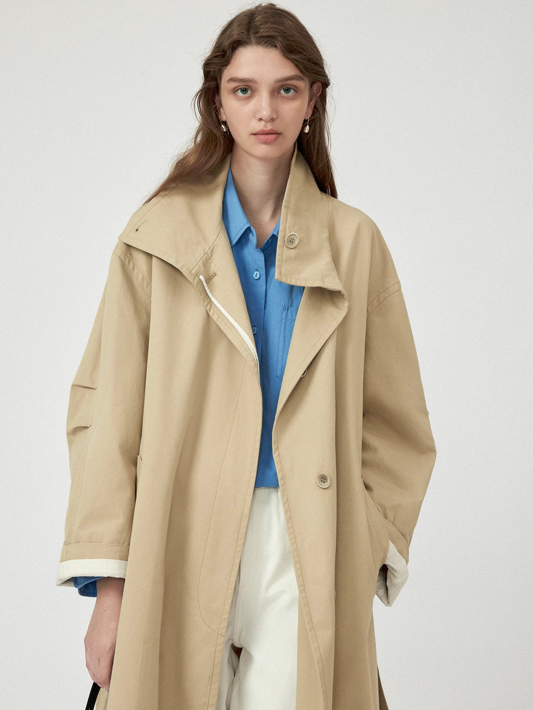 Casual Stand Collar Hidden Placket Trench Coat