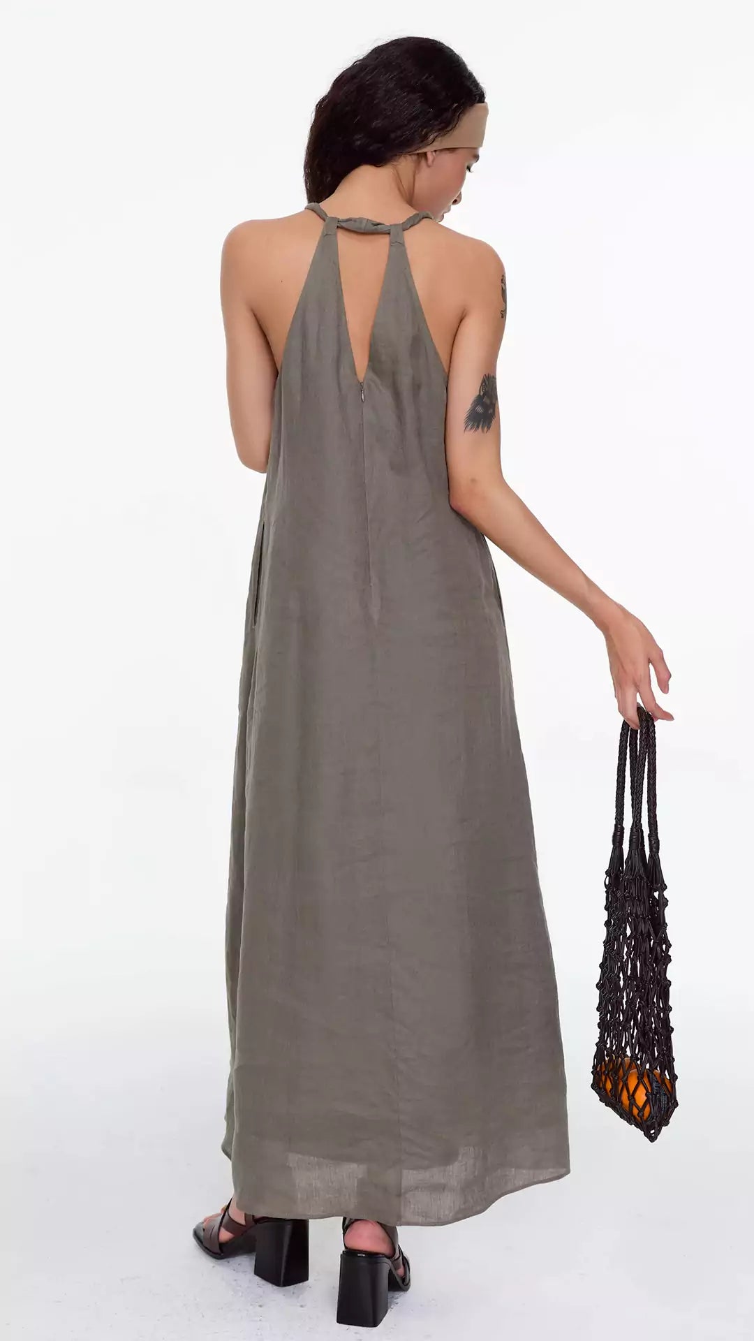 Linen Halter Neck Knotted Strap A-Line Dress