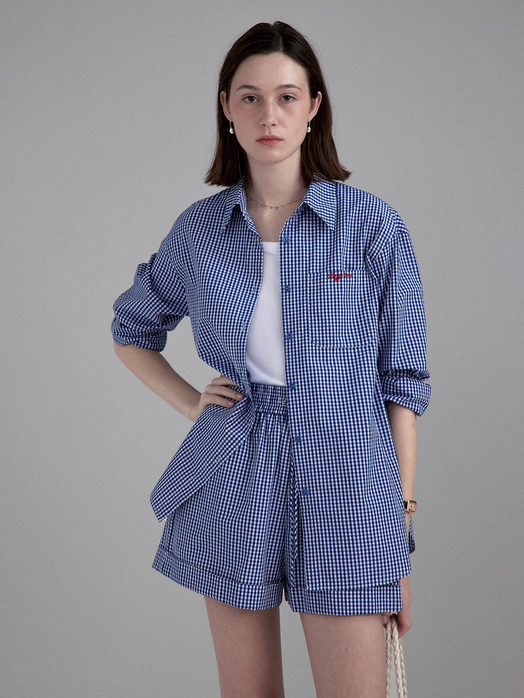 Lightweight navy plaid daily shirt/shorts