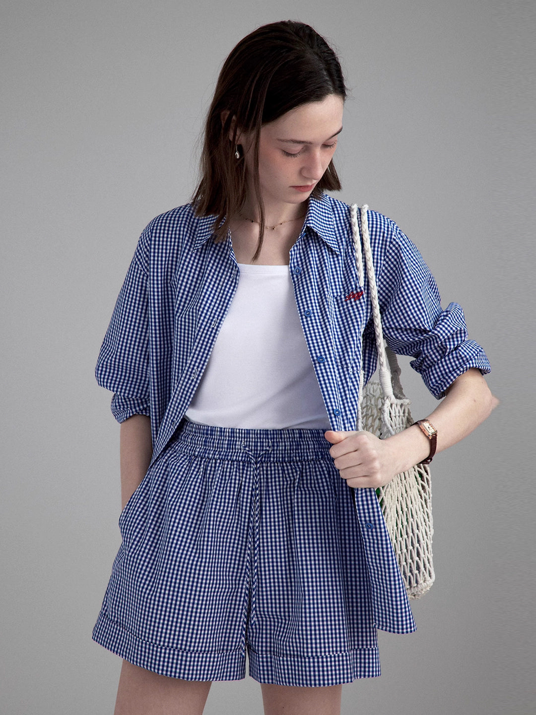 Lightweight navy plaid daily shirt/shorts