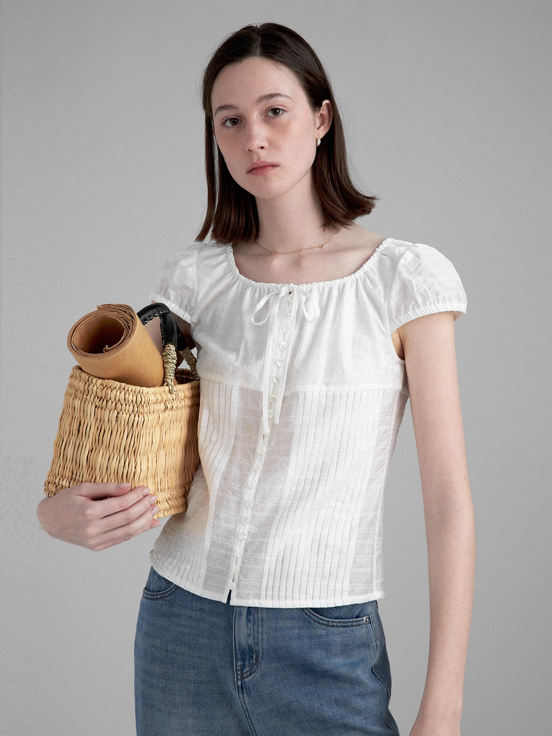 Summer jacquard textured puff sleeve blouse