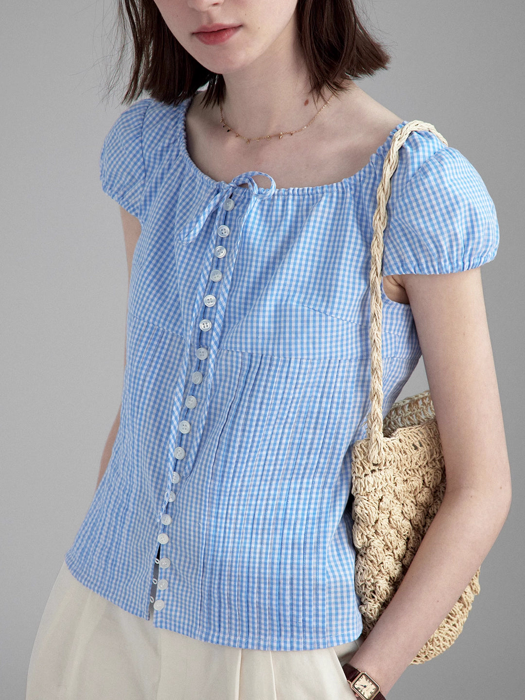 Summer jacquard textured puff sleeve blouse