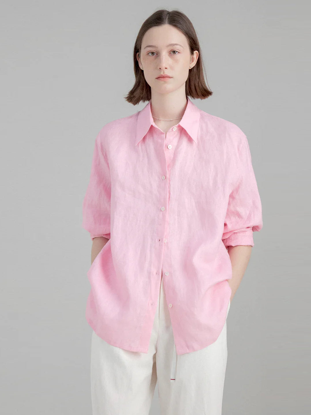 Pure Linen Two-way Back Button Loose-fit Long Sleeve Shirt