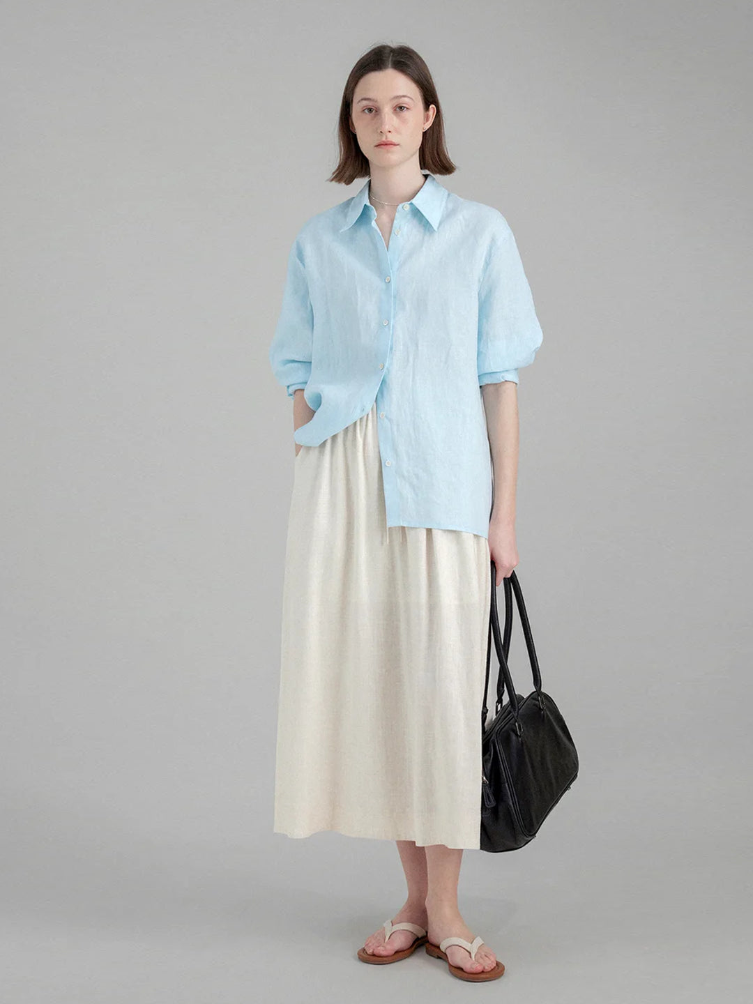 Pure Linen Two-way Back Button Loose-fit Long Sleeve Shirt