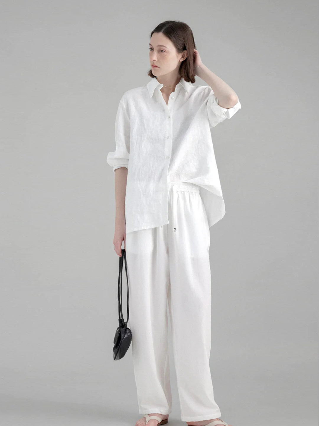 Pure Linen Two-way Back Button Loose-fit Long Sleeve Shirt