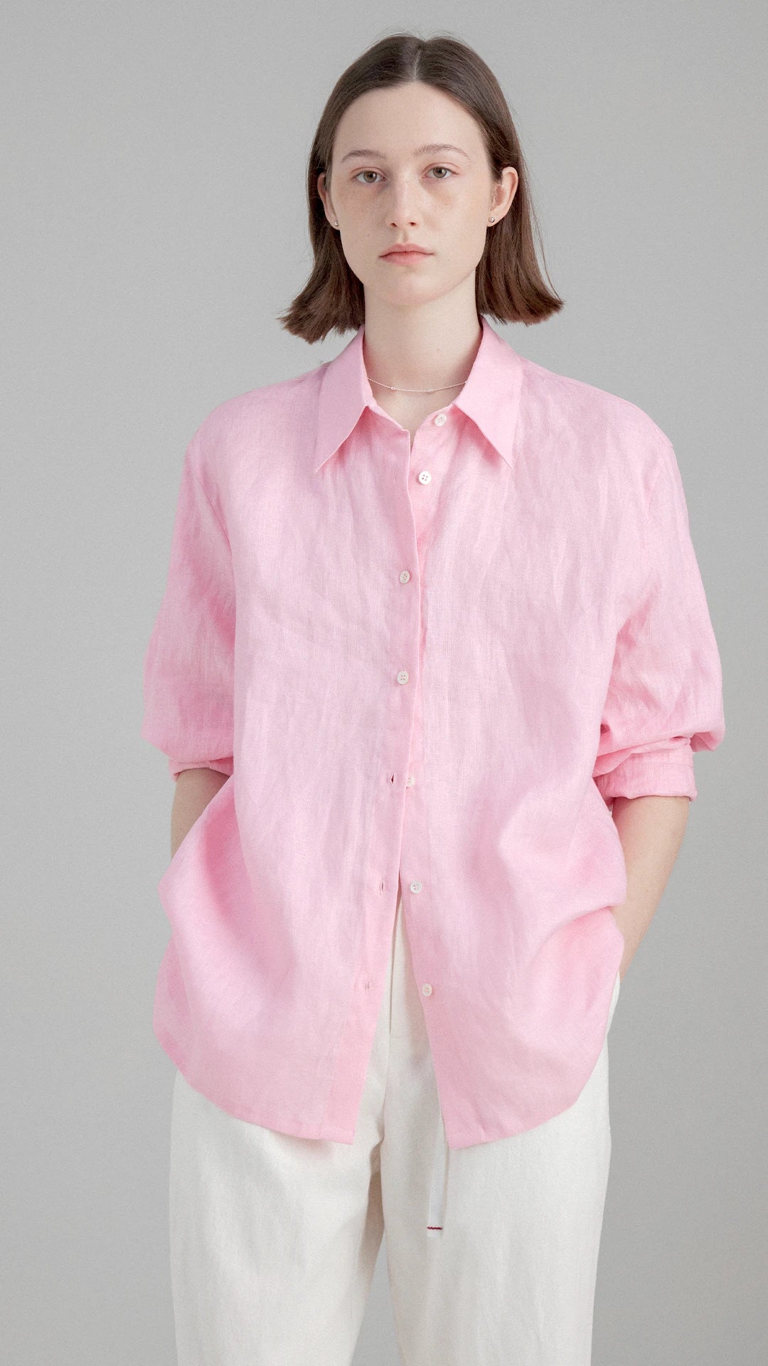 Pure Linen Two-way Back Button Loose-fit Long Sleeve Shirt