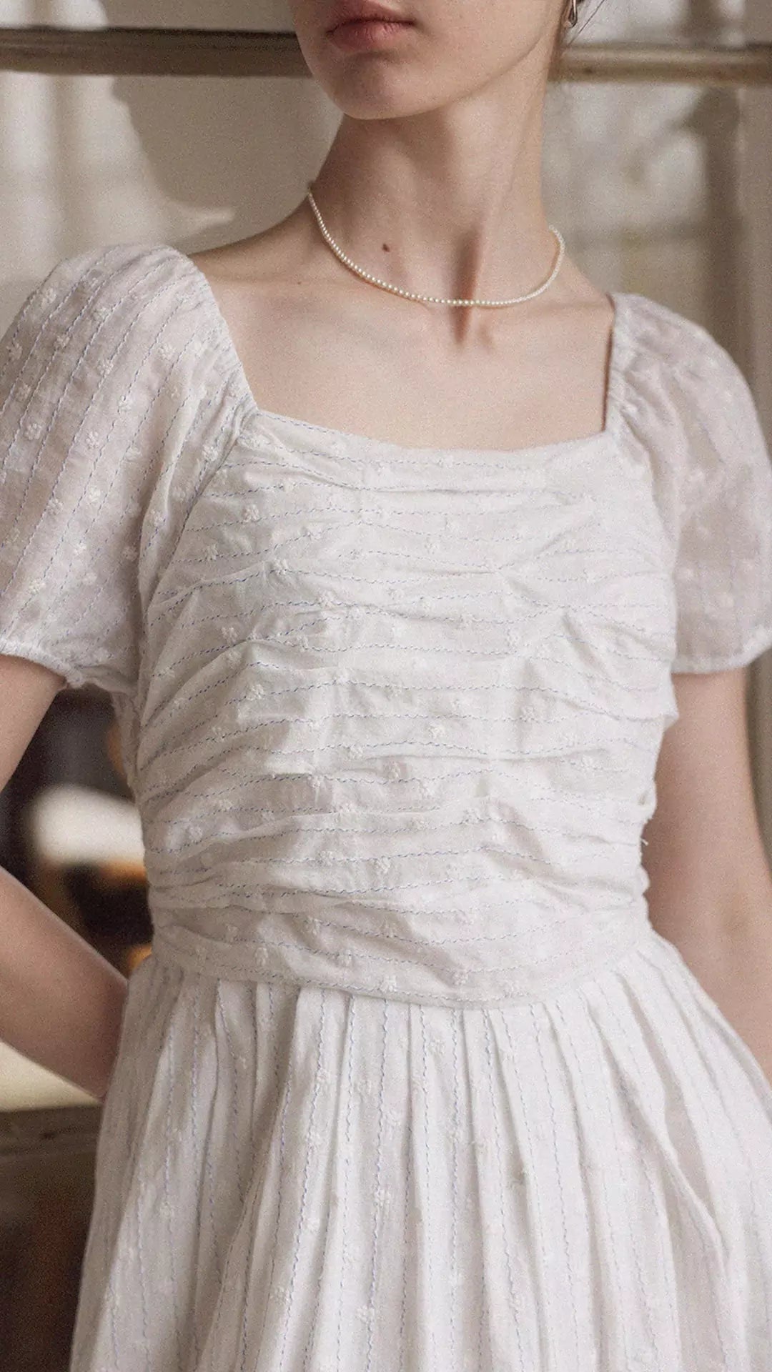 White Pleated Dress with Square Neckline