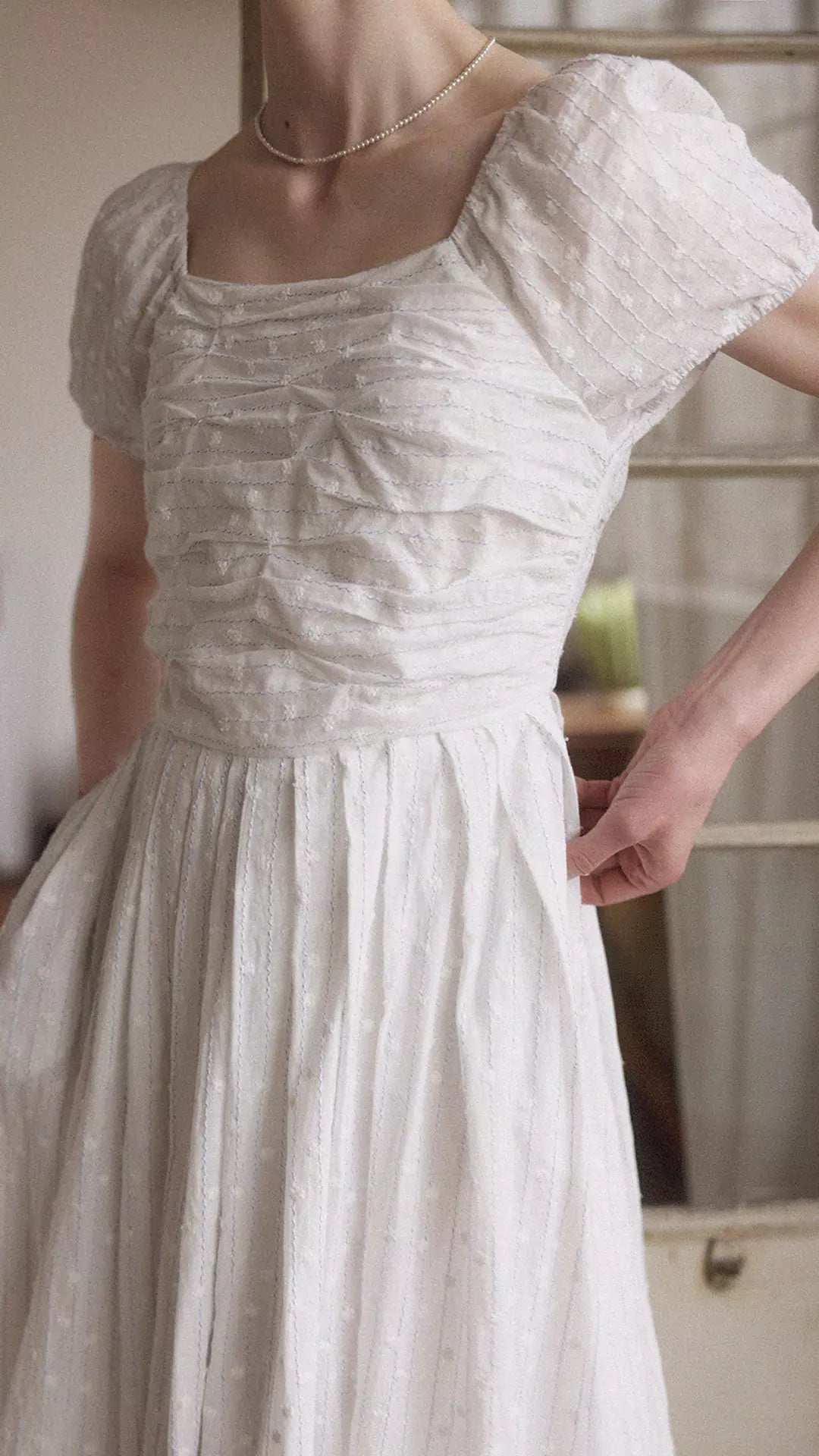 White Pleated Dress with Square Neckline