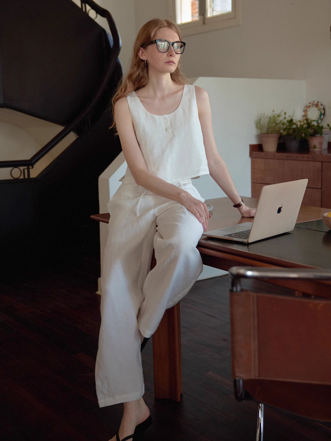 Linen Blue and White Striped Loungewear Set (Top and Pants)