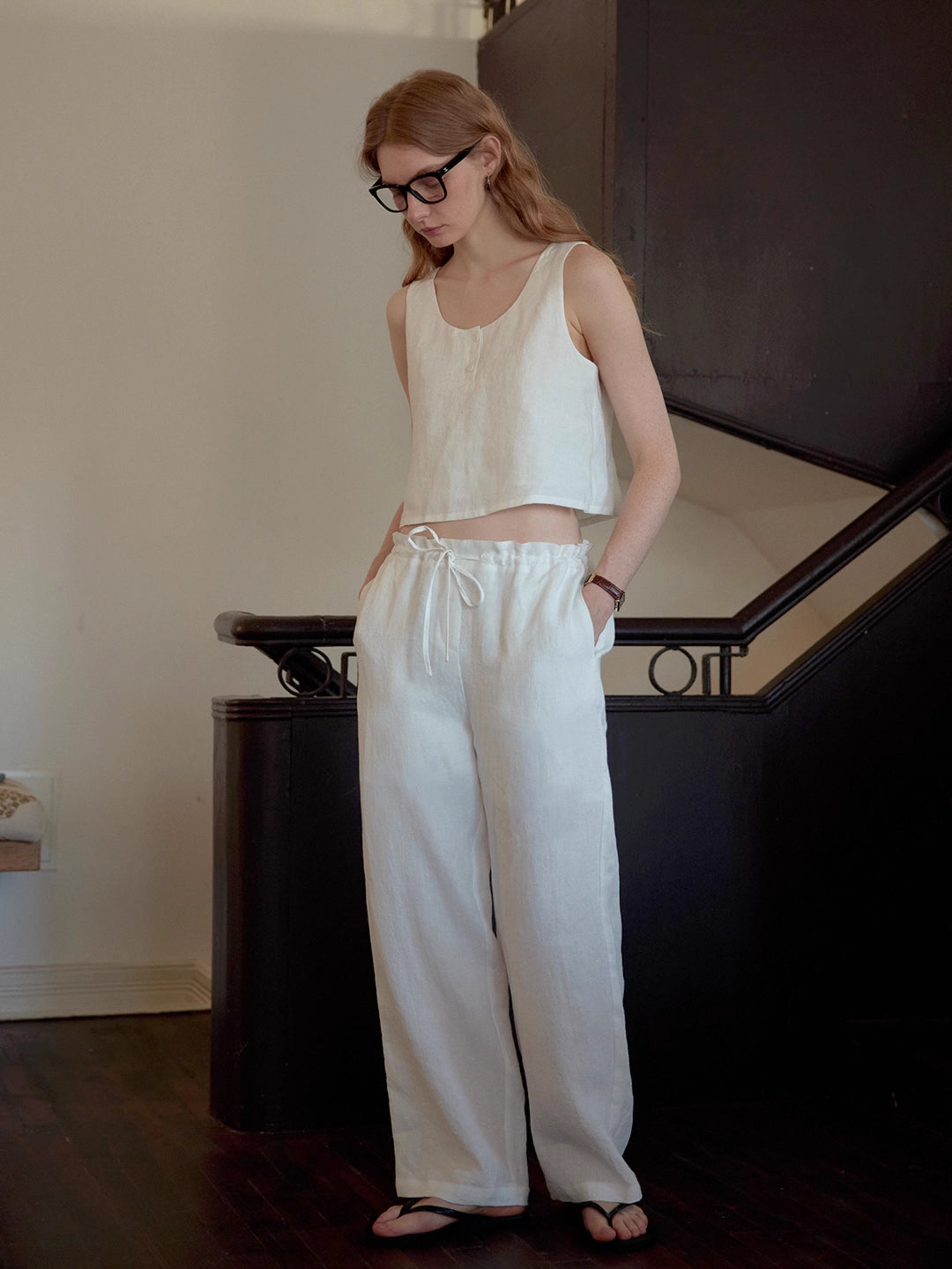 Linen Blue and White Striped Loungewear Set (Top and Pants)