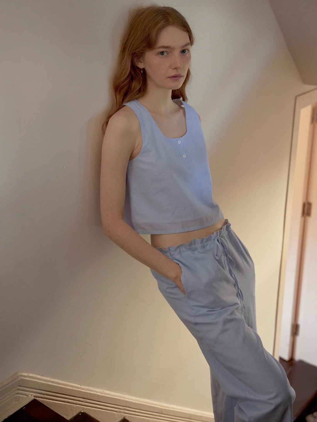 Linen Blue and White Striped Loungewear Set (Top and Pants)