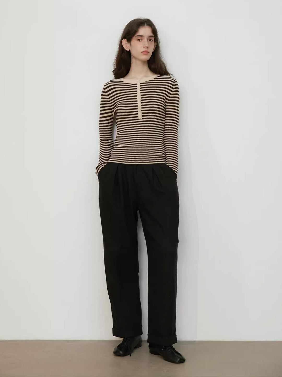 Ultra-Fine Pure Wool Slim-Fit Striped Half-Zip Knit Top