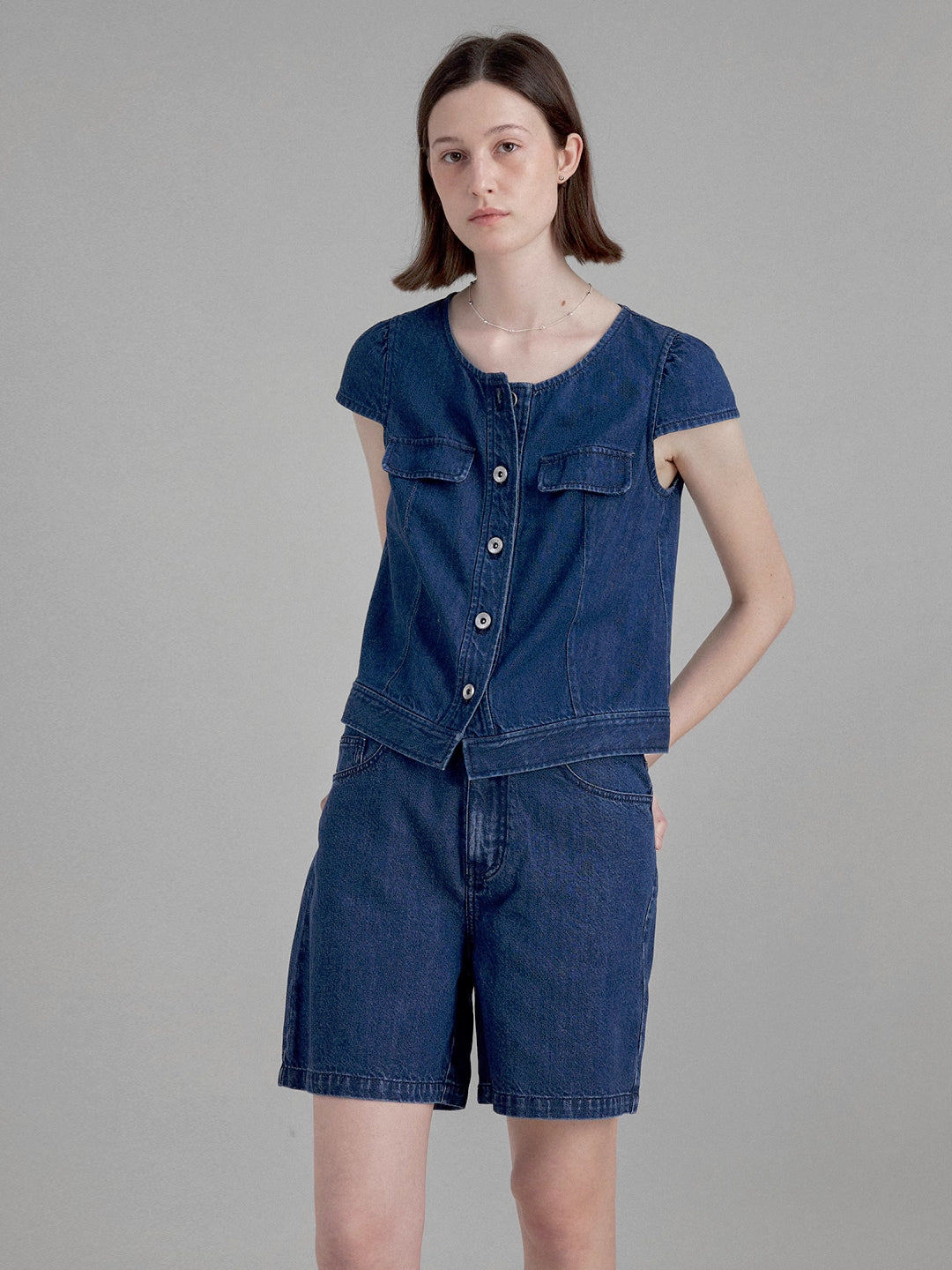 Vintage Washed Blue Denim Shirt and Shorts Set