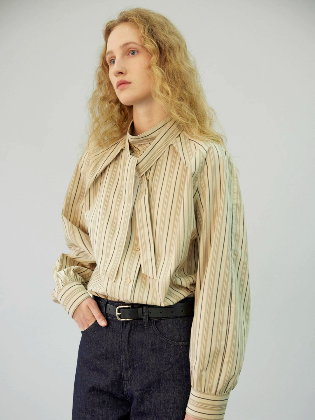 Vintage Striped Asymmetric Placket Shirt with Self-Tie Sash and Stand Collar