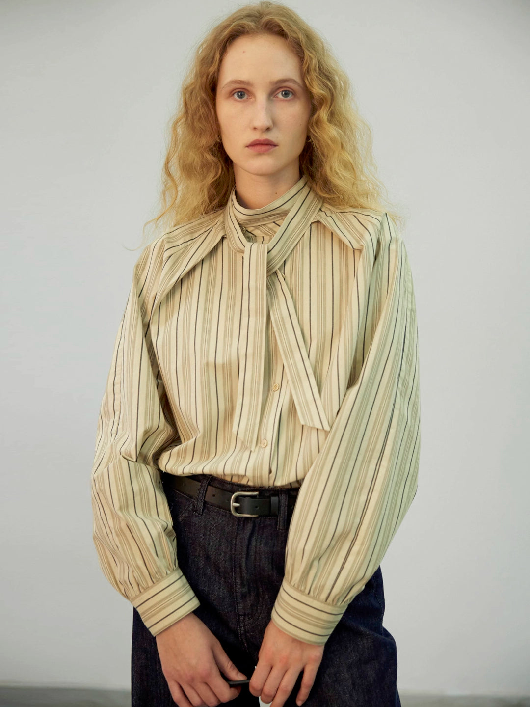 Vintage Striped Asymmetric Placket Shirt with Self-Tie Sash and Stand Collar