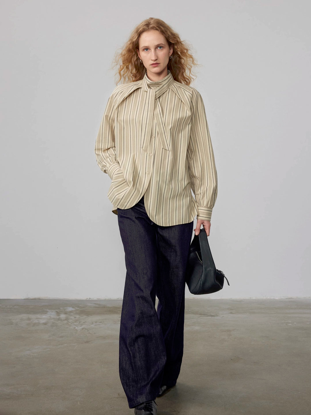 Vintage Striped Asymmetric Placket Shirt with Self-Tie Sash and Stand Collar