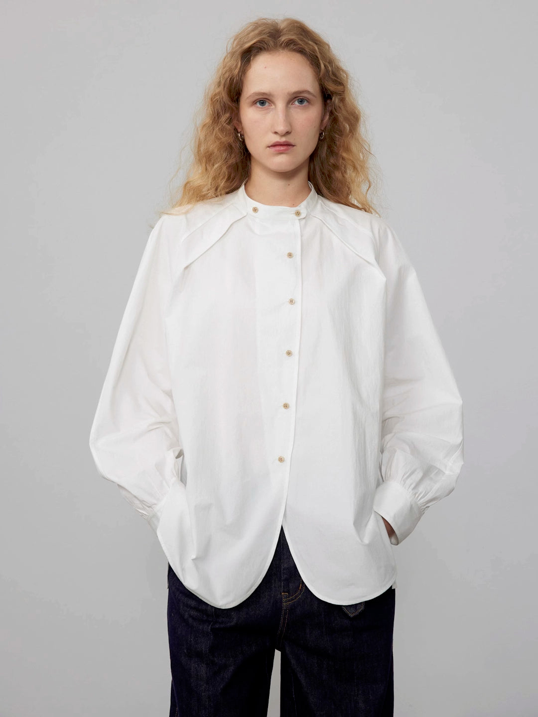 Vintage Striped Asymmetric Placket Shirt with Self-Tie Sash and Stand Collar