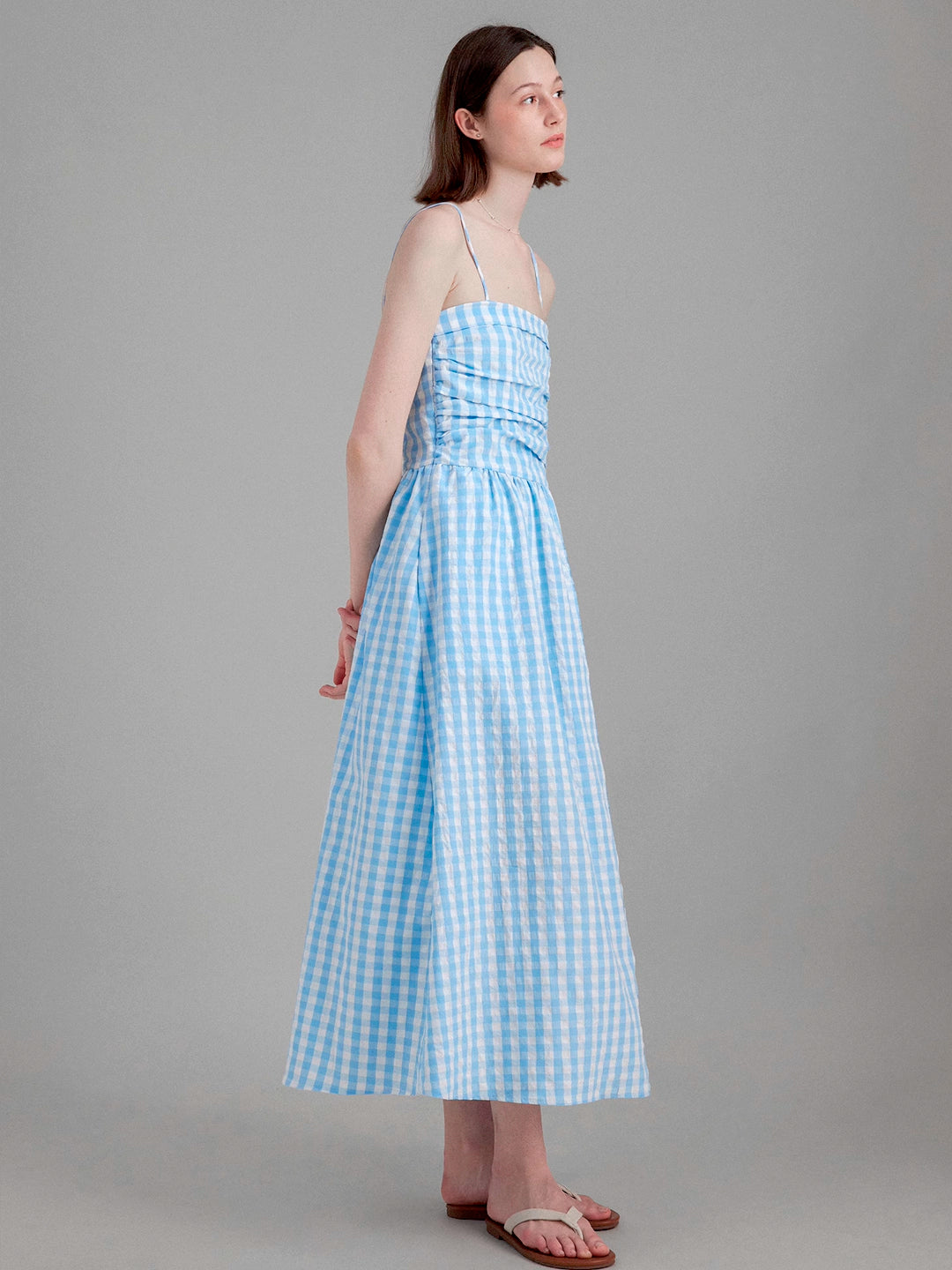 Vintage Pleated Waist-Cinching Plaid Long Slip Dress