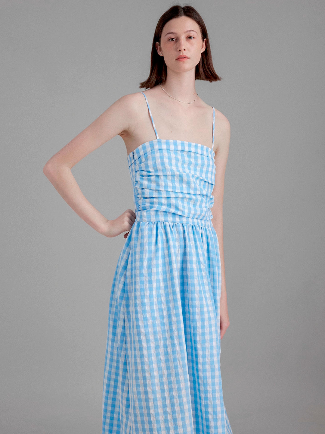 Vintage Pleated Waist-Cinching Plaid Long Slip Dress