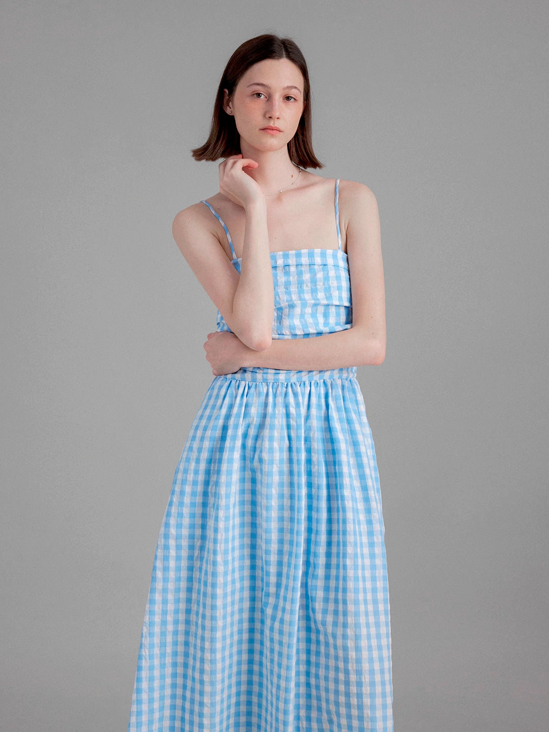 Vintage Pleated Waist-Cinching Plaid Long Slip Dress