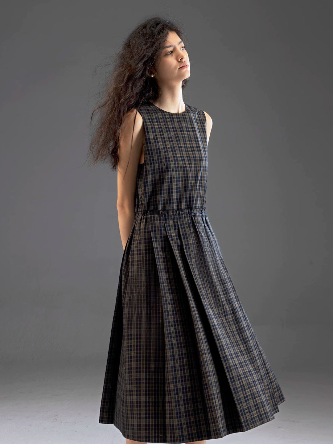 Round-Neck Tie Plaid Academia Style Pleated Dress