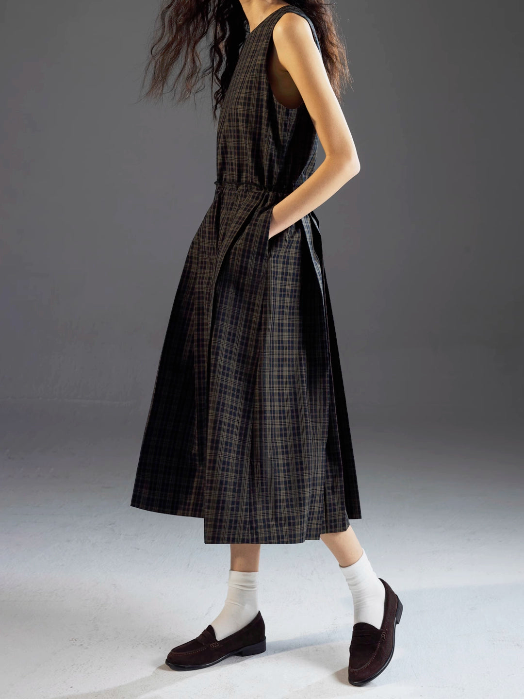 Round-Neck Tie Plaid Academia Style Pleated Dress