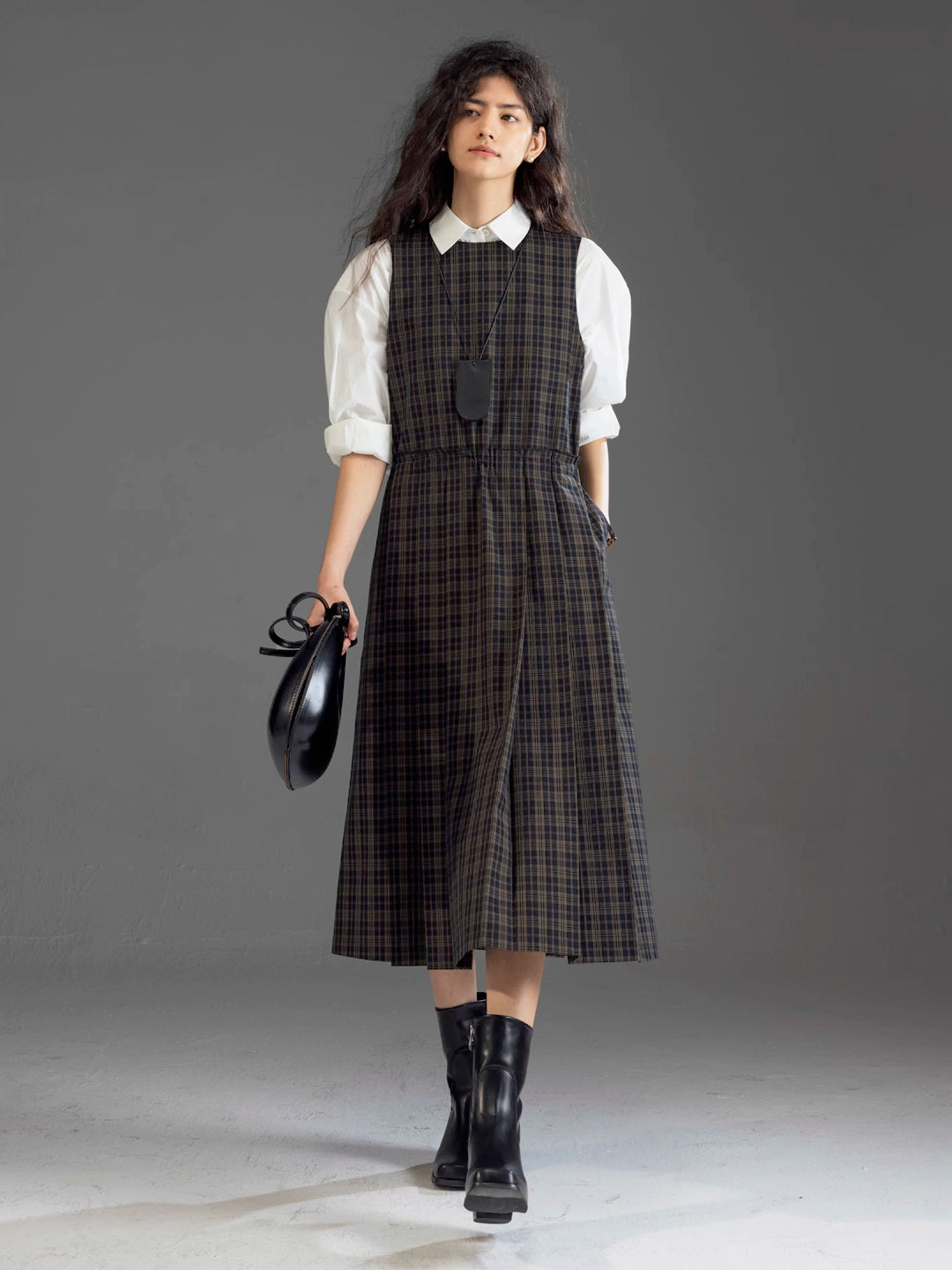 Round-Neck Tie Plaid Academia Style Pleated Dress