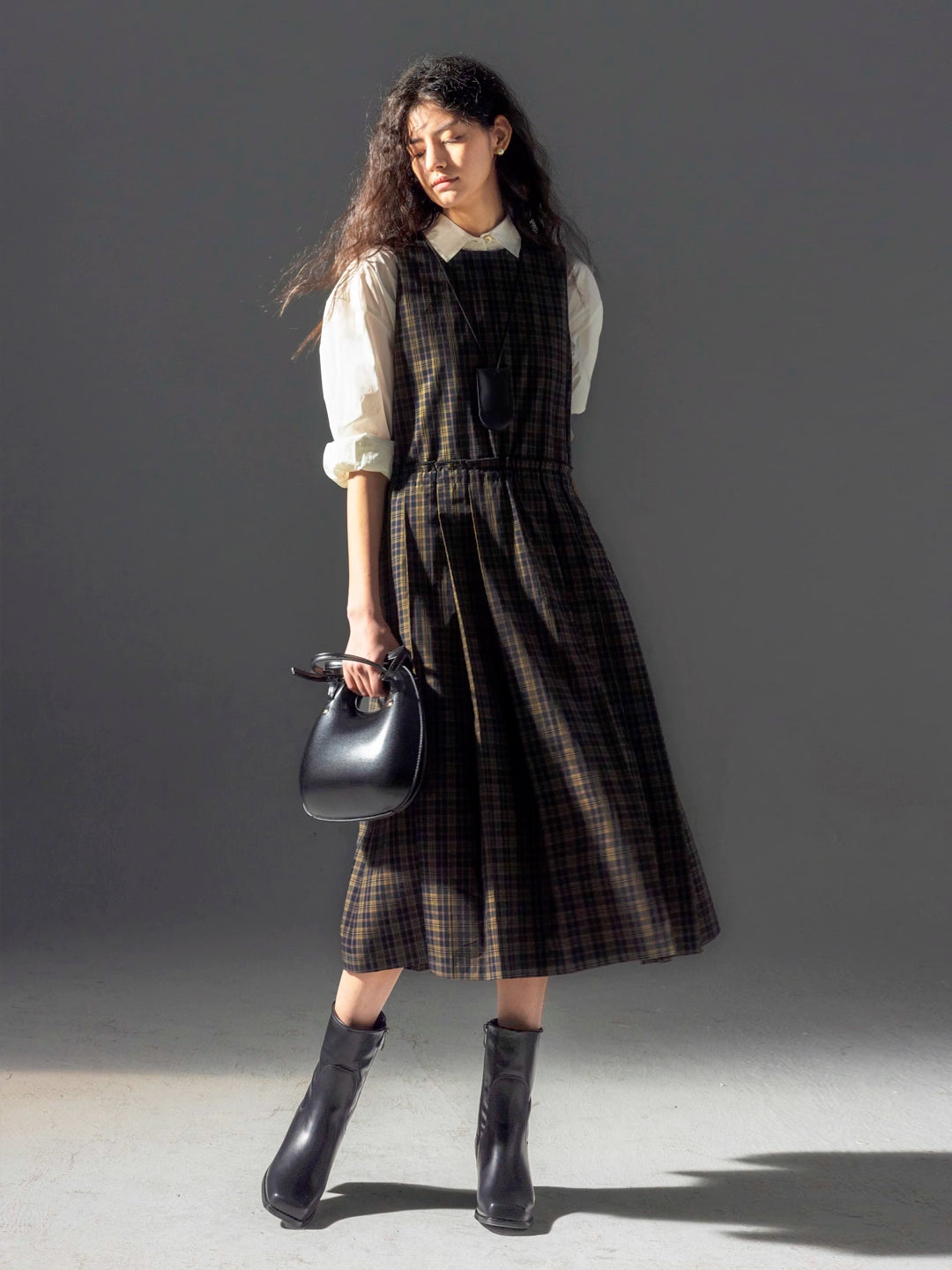 Round-Neck Tie Plaid Academia Style Pleated Dress