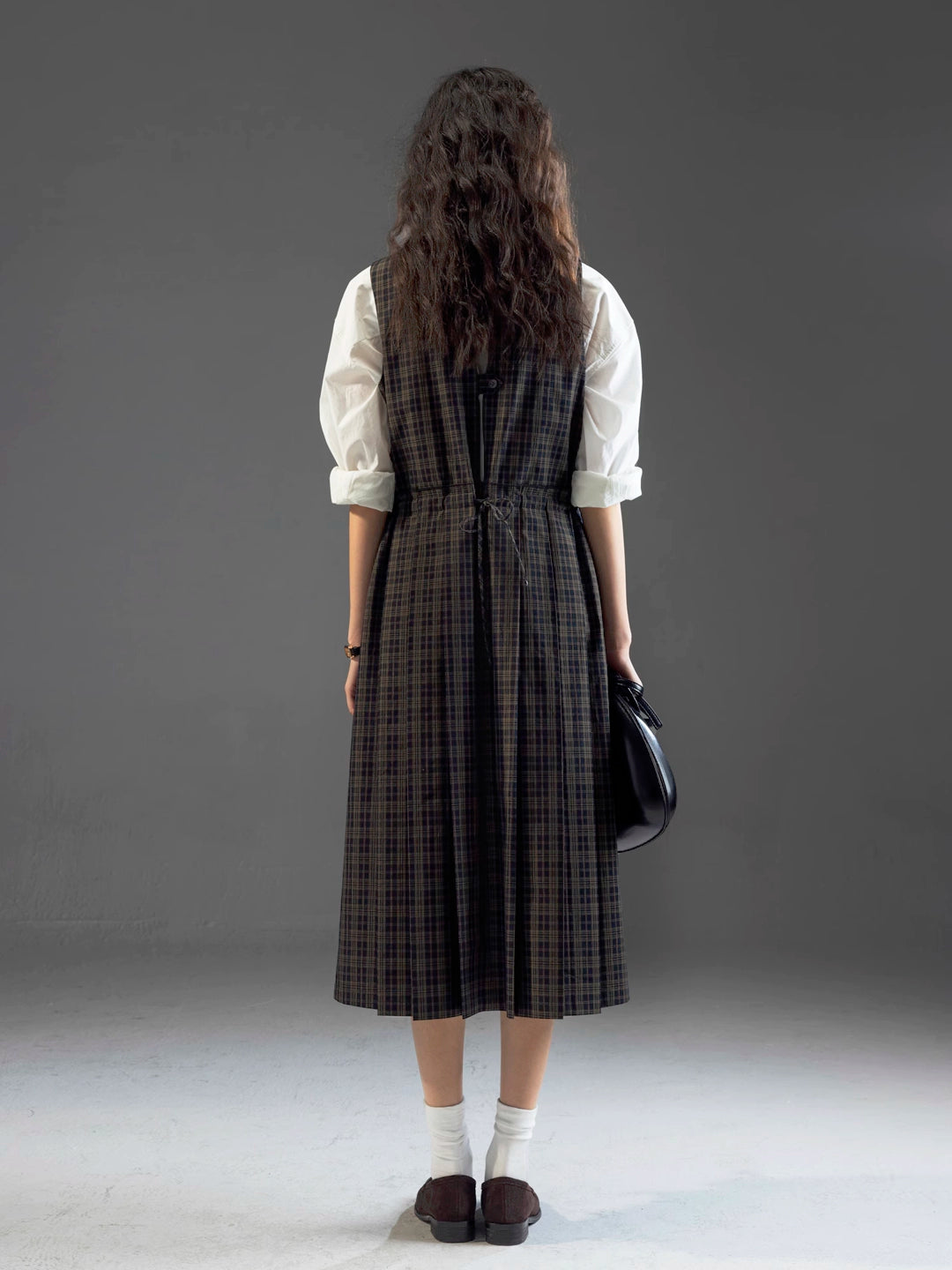 Round-Neck Tie Plaid Academia Style Pleated Dress