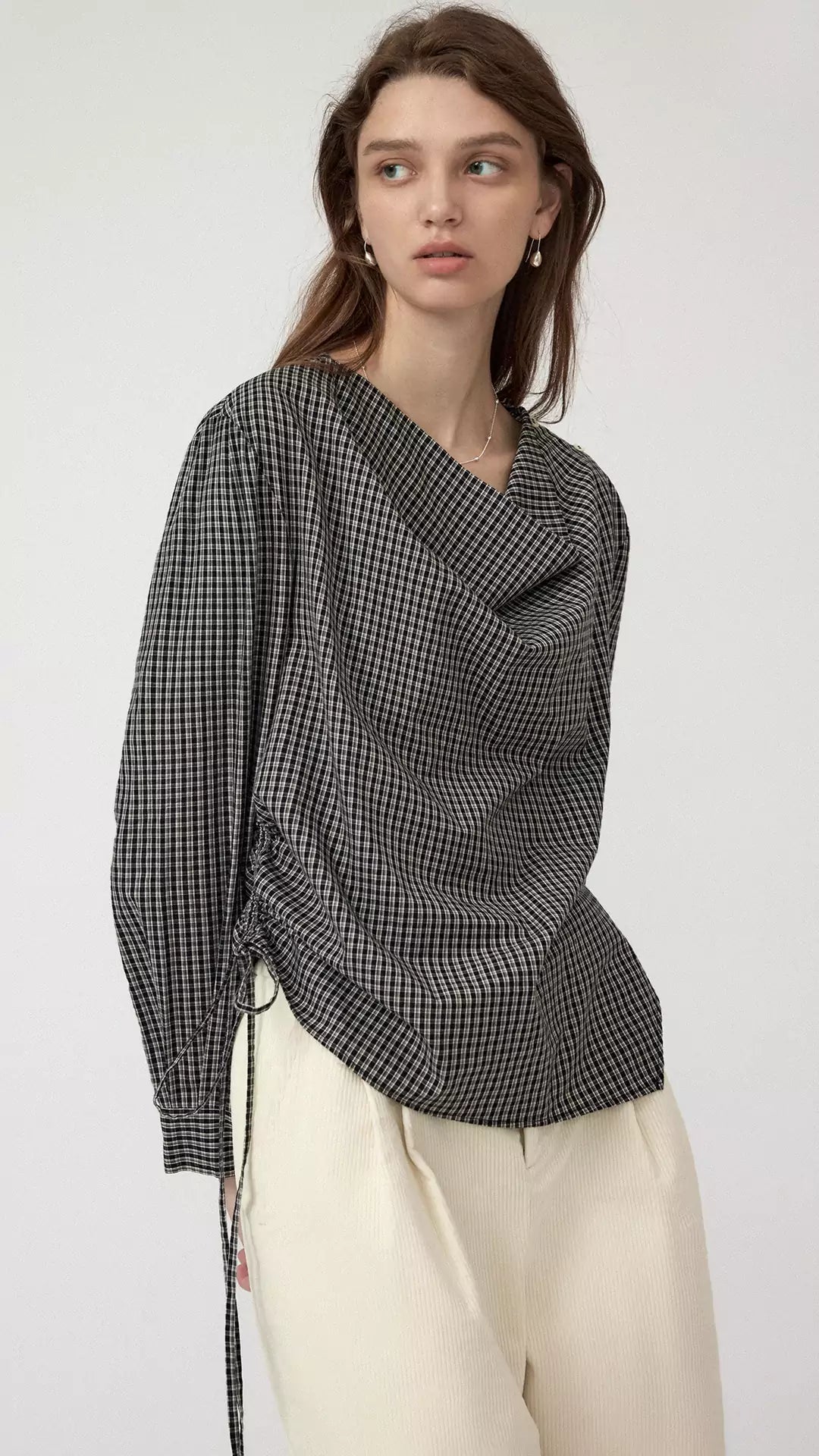 Plaid Pullover Cowl Neck Drawstring Long Sleeve Shirt