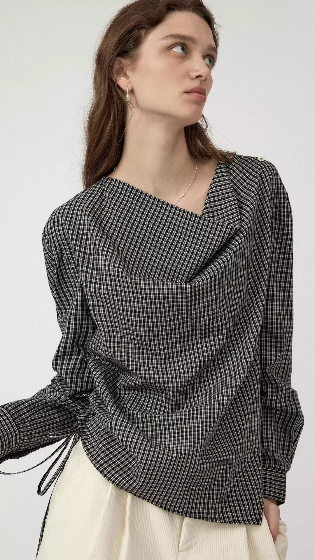 Plaid Pullover Cowl Neck Drawstring Long Sleeve Shirt