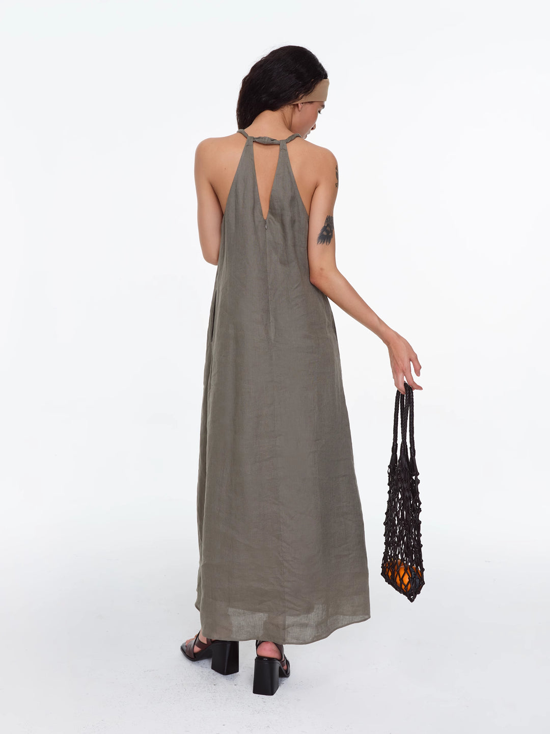 Linen Halter Neck Knotted Strap A-Line Dress