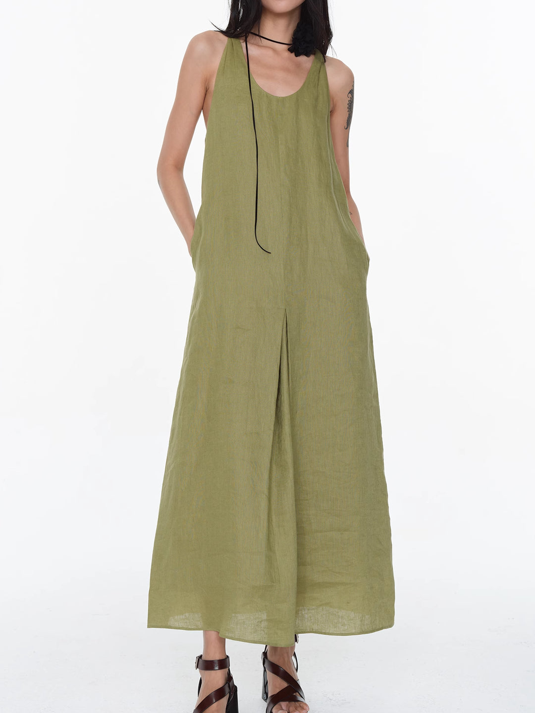 Linen Halter Neck Knotted Strap A-Line Dress