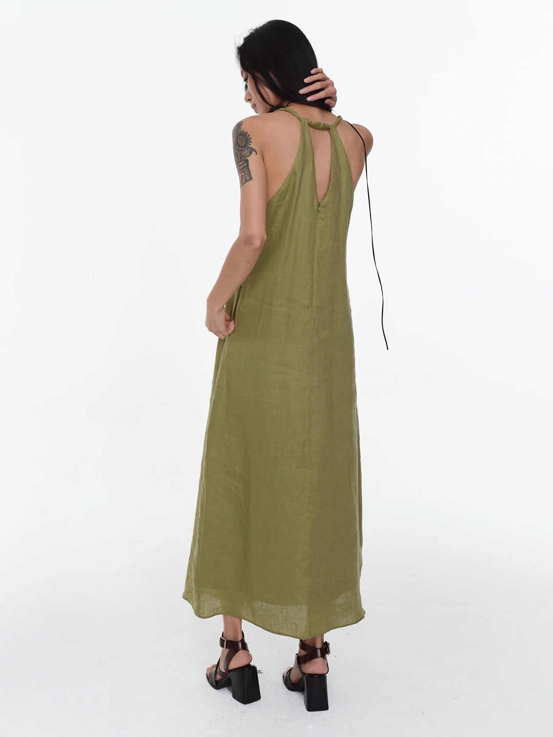 Linen Halter Neck Knotted Strap A-Line Dress