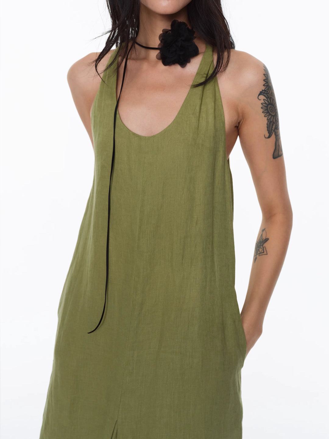 Linen Halter Neck Knotted Strap A-Line Dress