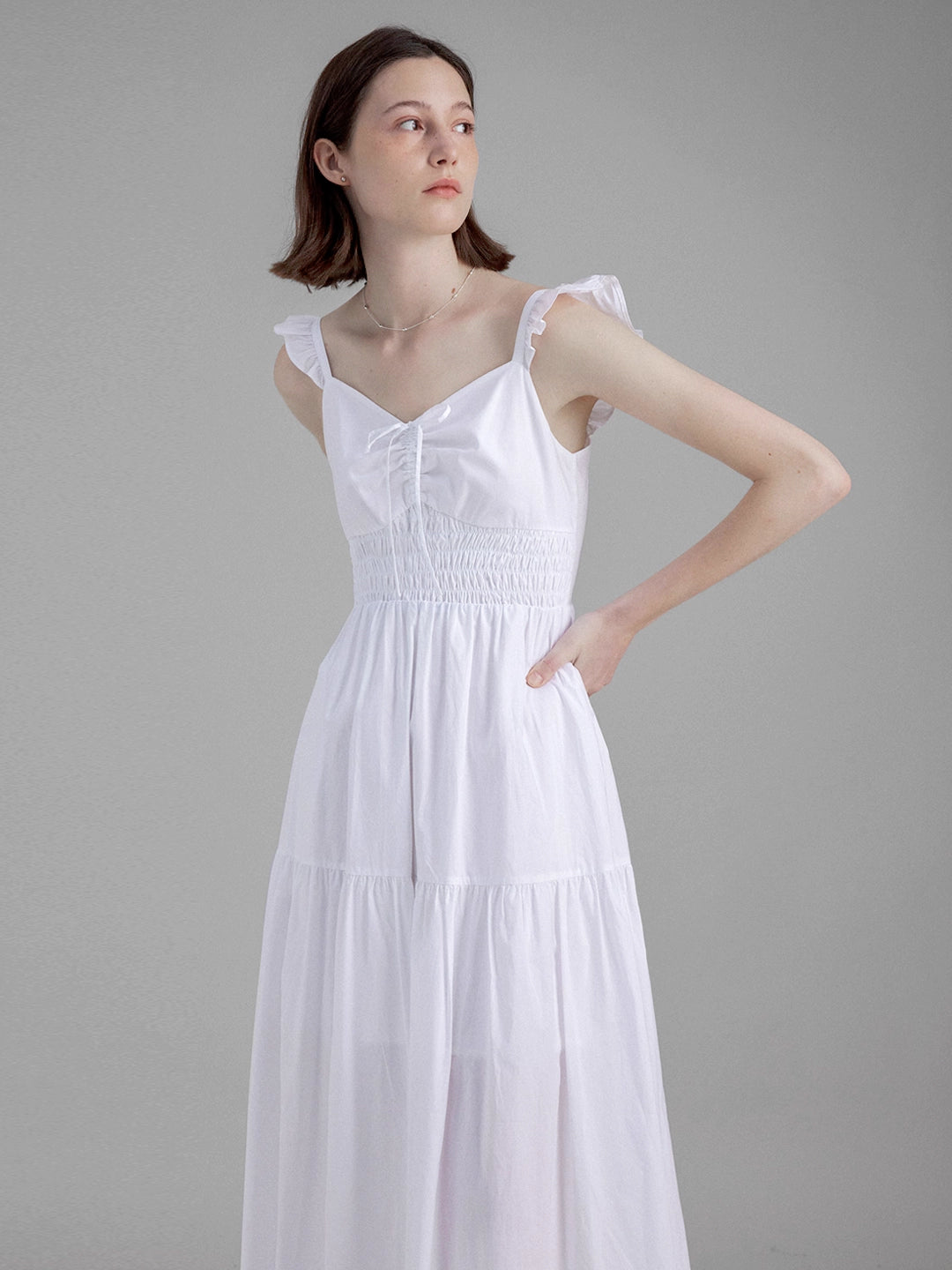 Summer Ruched Waist Tie-Up Cap Sleeve White Dress