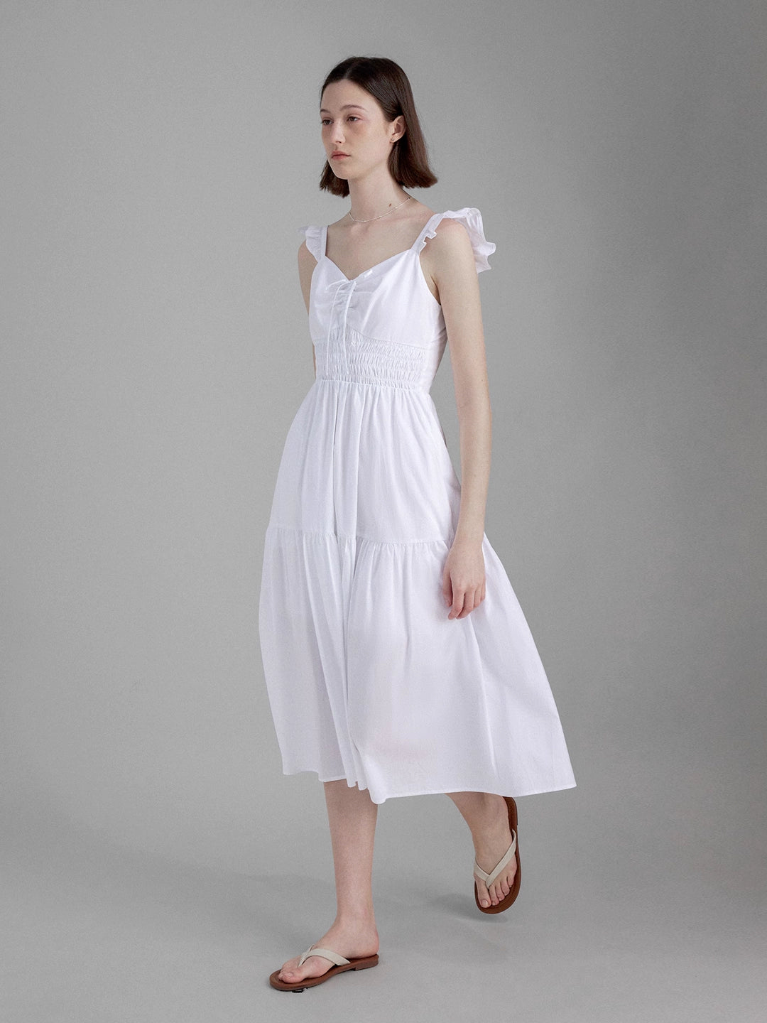 Summer Ruched Waist Tie-Up Cap Sleeve White Dress