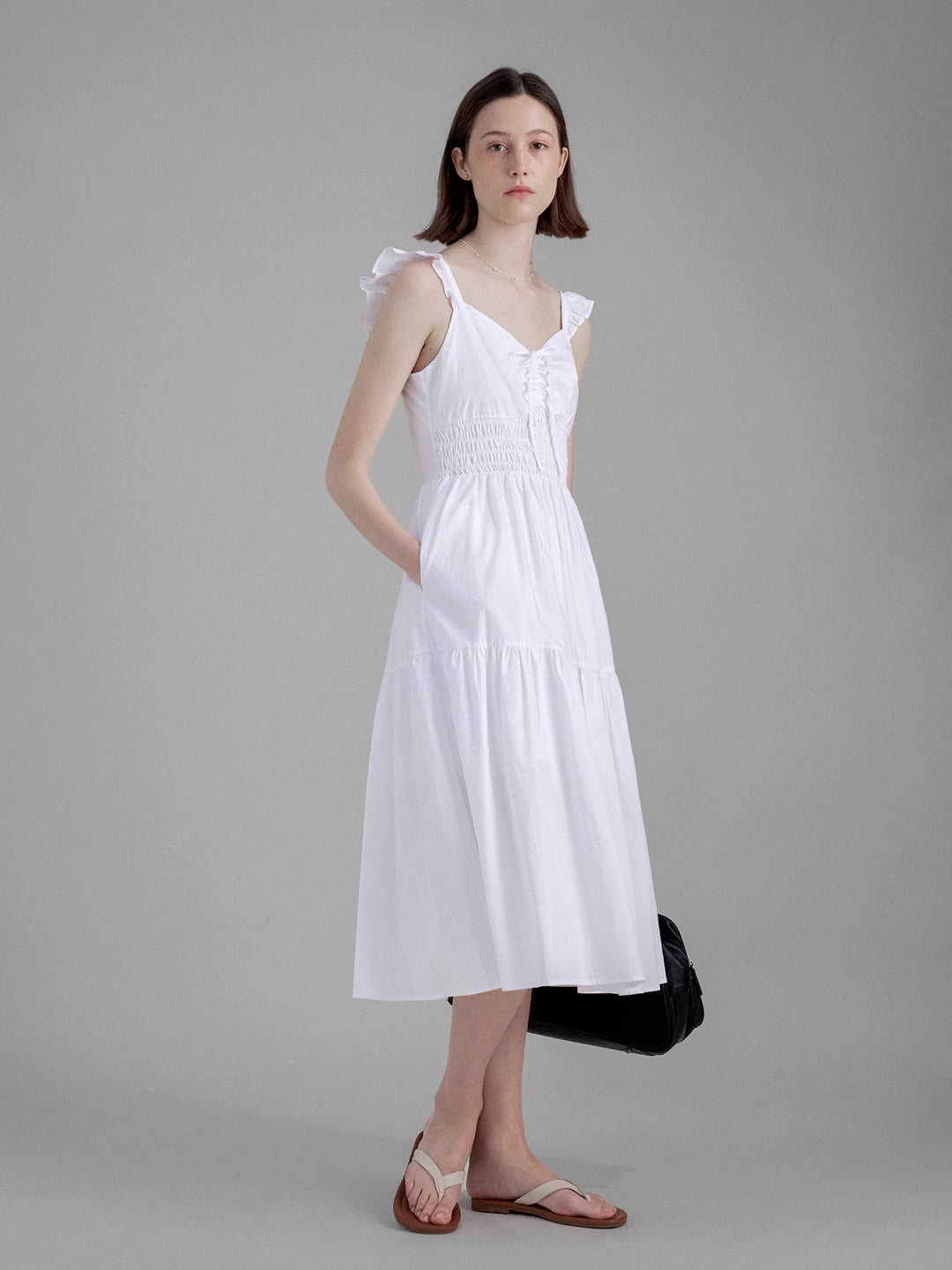 Summer Ruched Waist Tie-Up Cap Sleeve White Dress