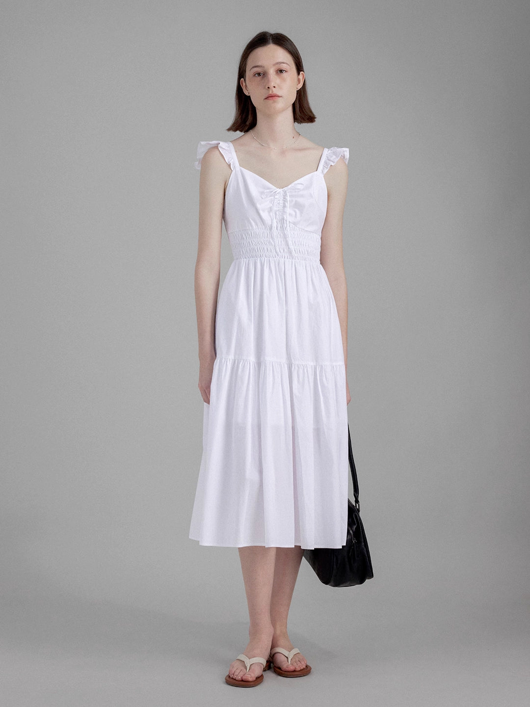 Summer Ruched Waist Tie-Up Cap Sleeve White Dress