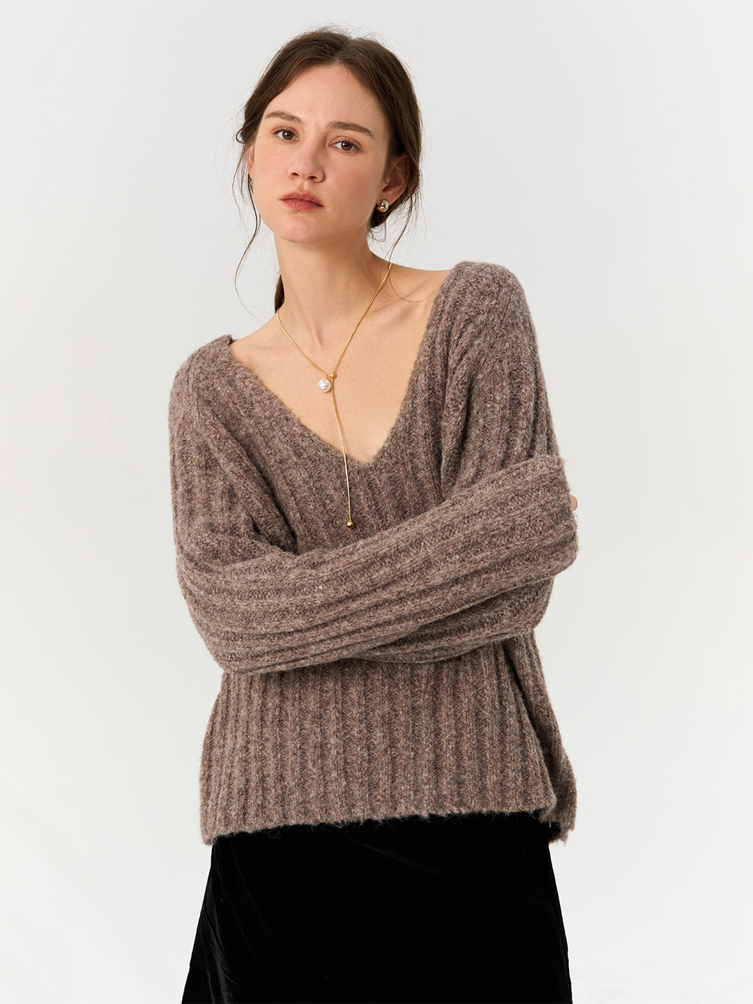 Deep V-Neck Loose Knitted Pullover Sweater