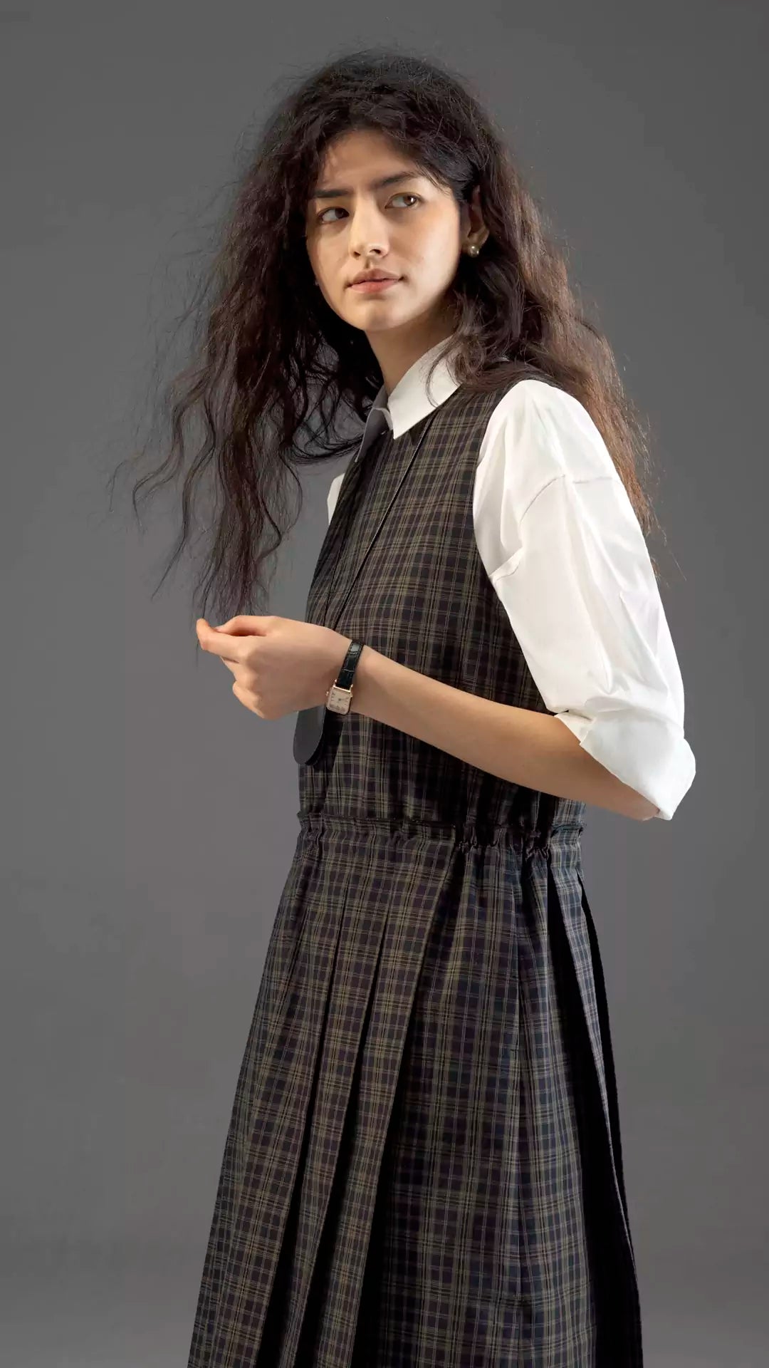 Round-Neck Tie Plaid Academia Style Pleated Dress