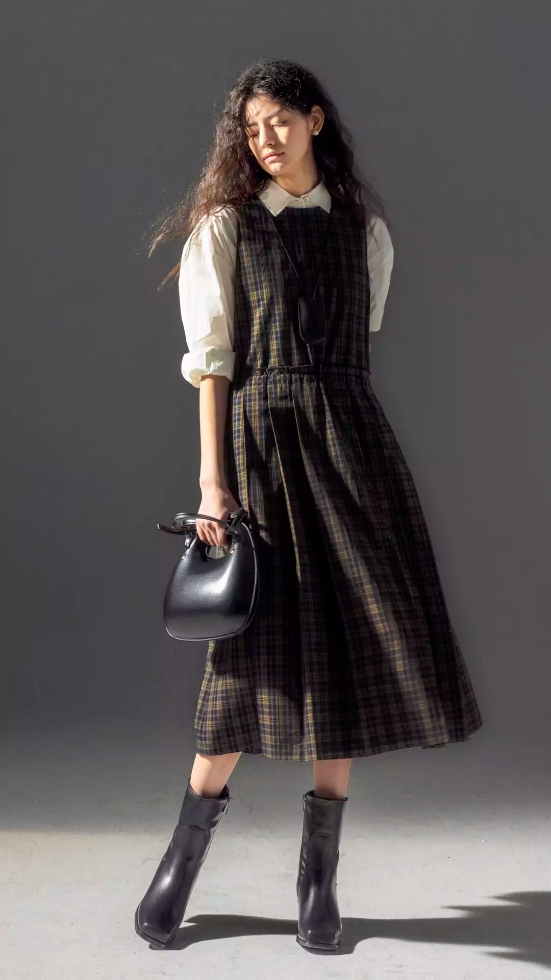 Round-Neck Tie Plaid Academia Style Pleated Dress