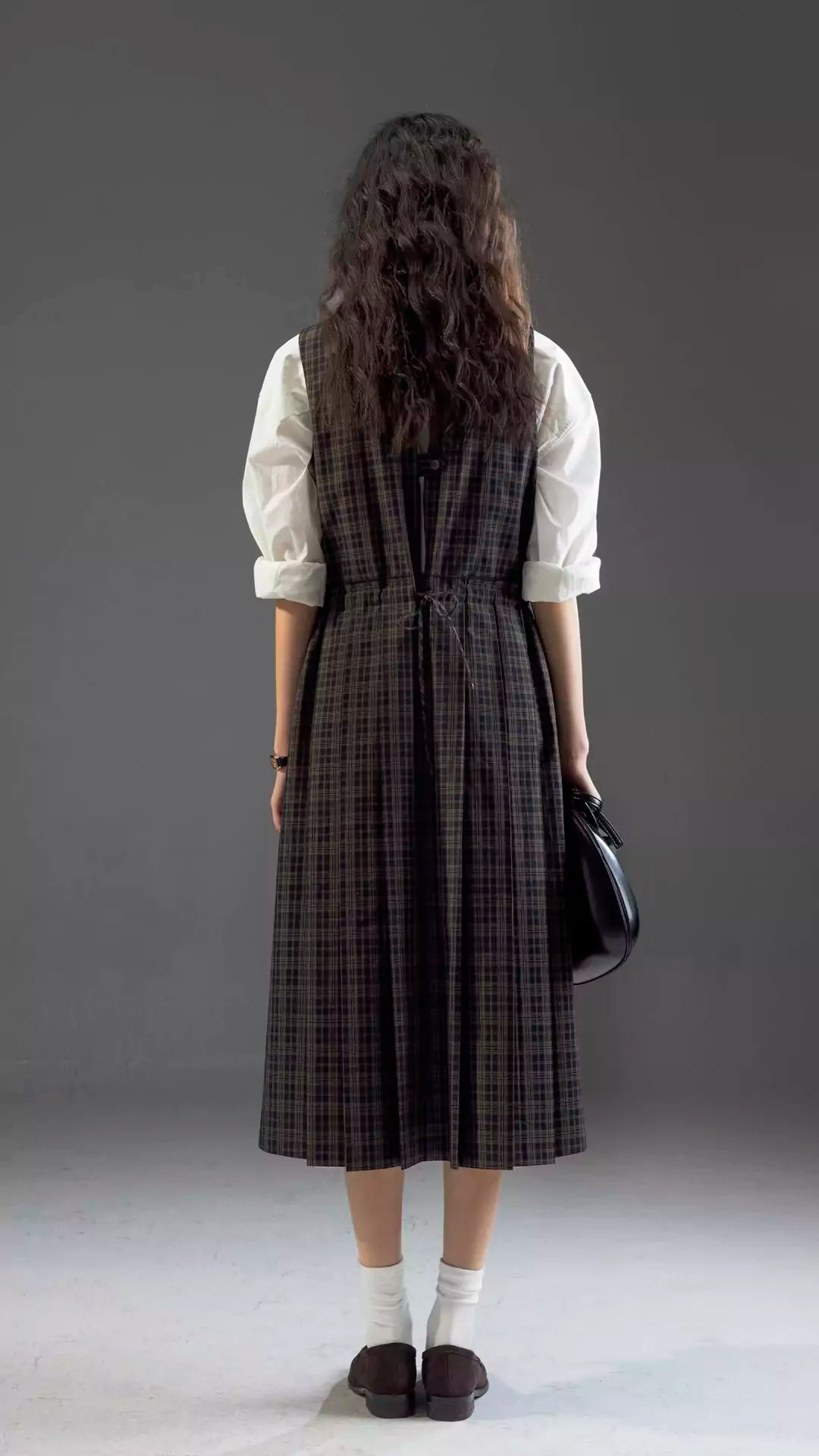 Round-Neck Tie Plaid Academia Style Pleated Dress