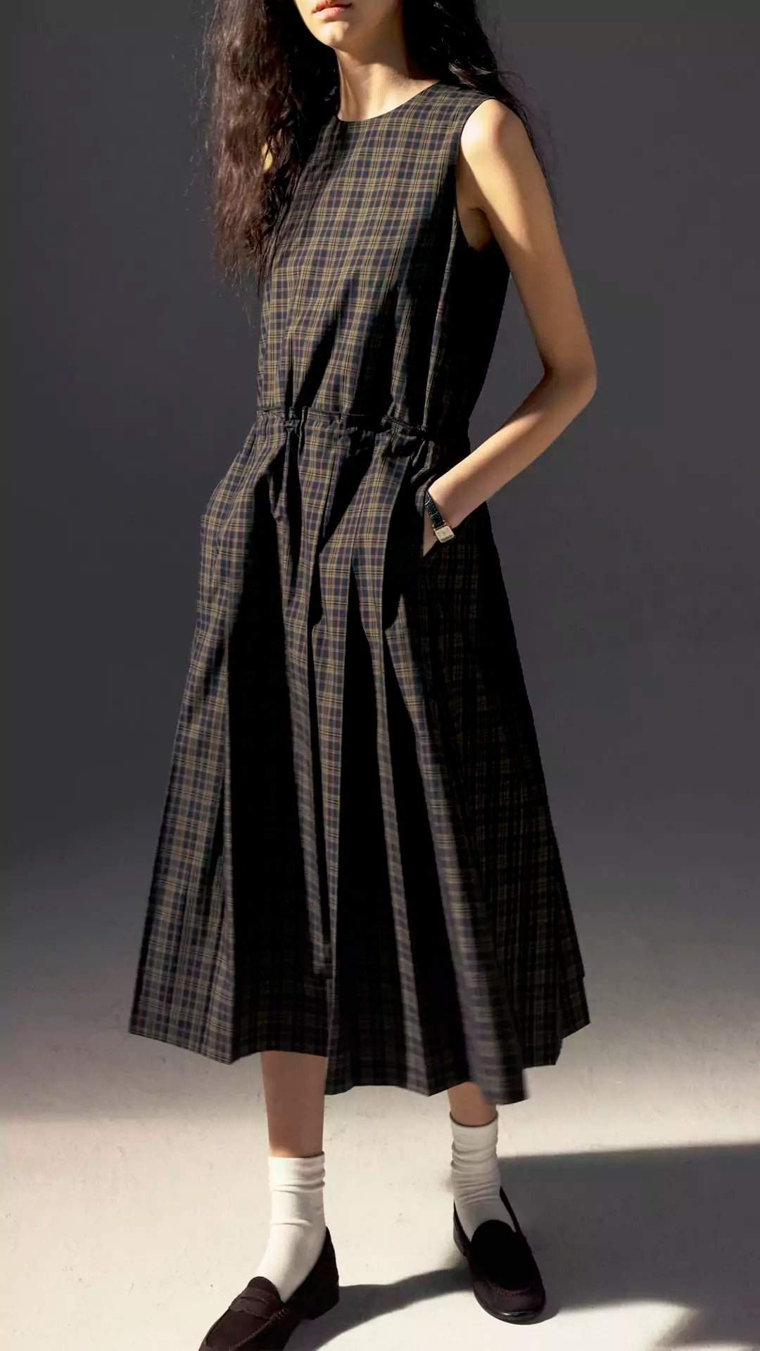 Round-Neck Tie Plaid Academia Style Pleated Dress