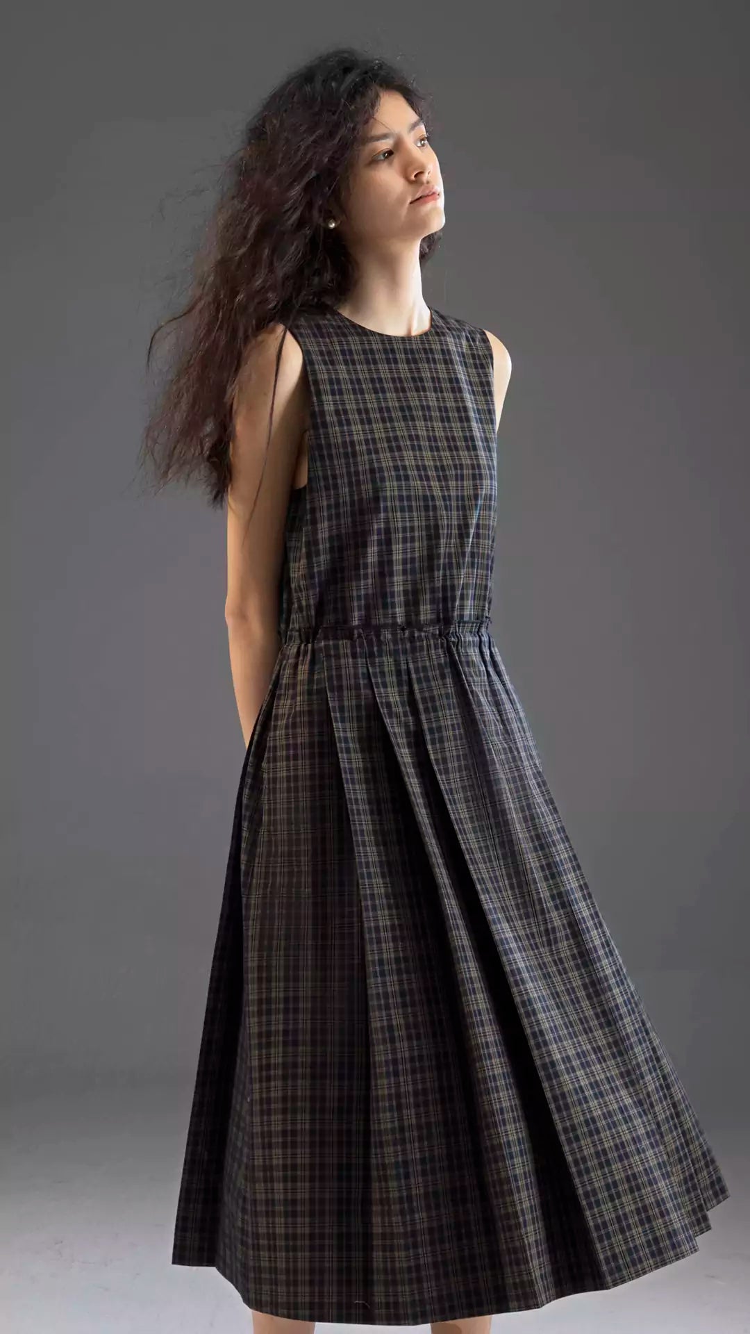 Round-Neck Tie Plaid Academia Style Pleated Dress