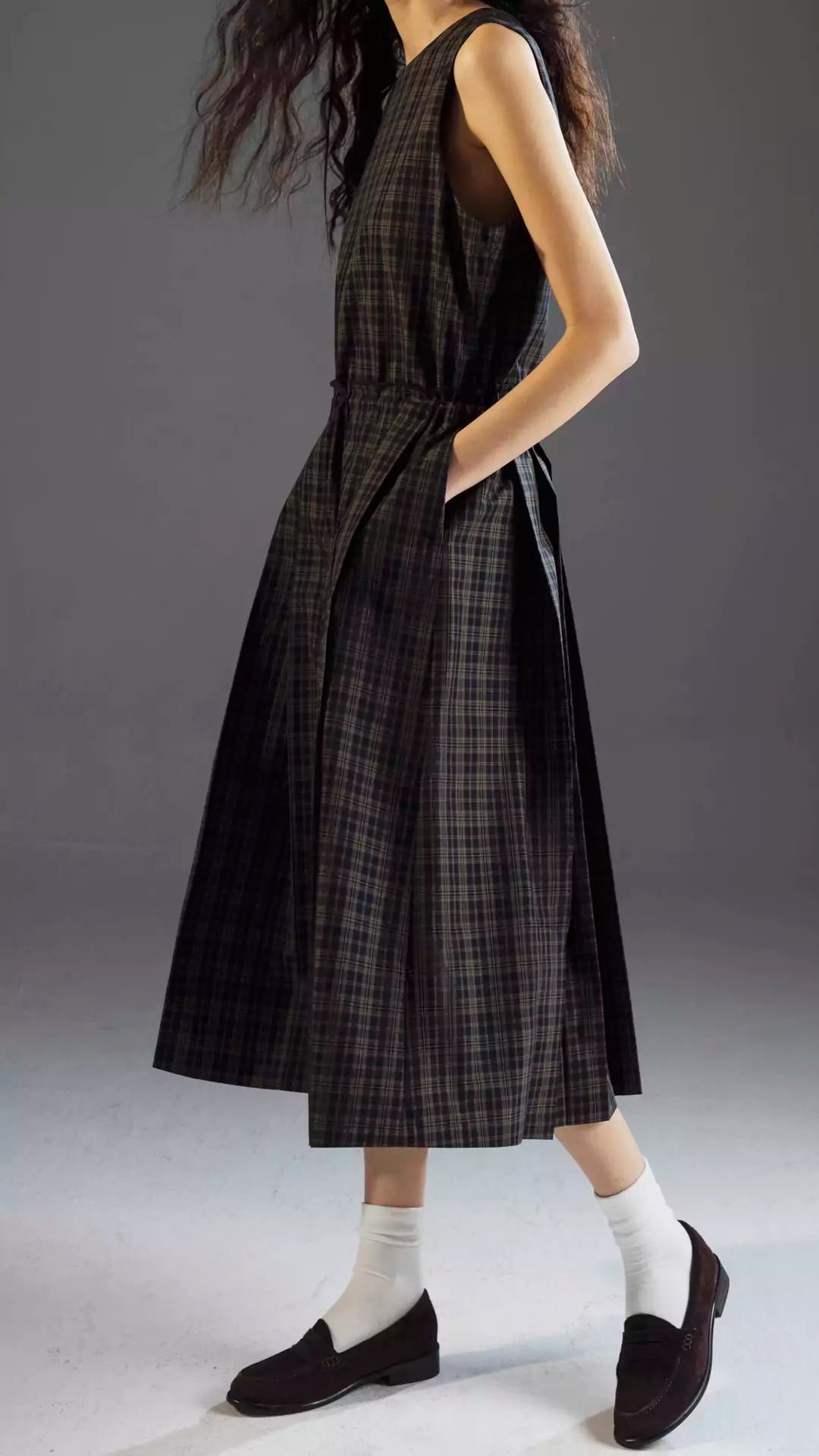 Round-Neck Tie Plaid Academia Style Pleated Dress