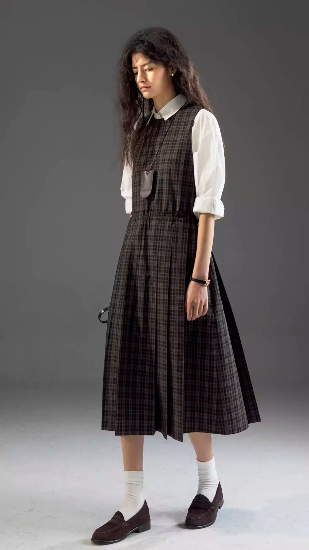 Round-Neck Tie Plaid Academia Style Pleated Dress