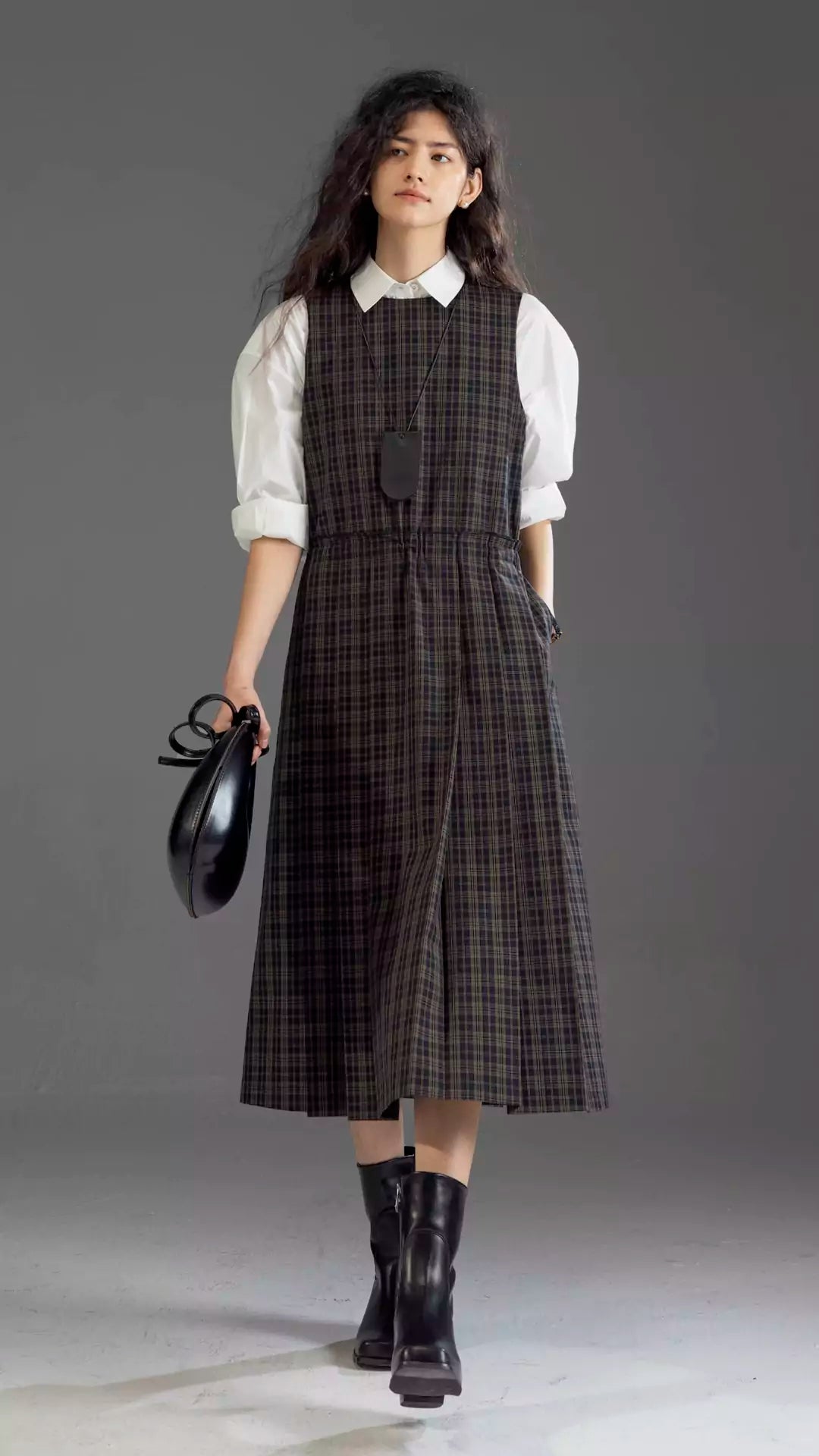 Round-Neck Tie Plaid Academia Style Pleated Dress