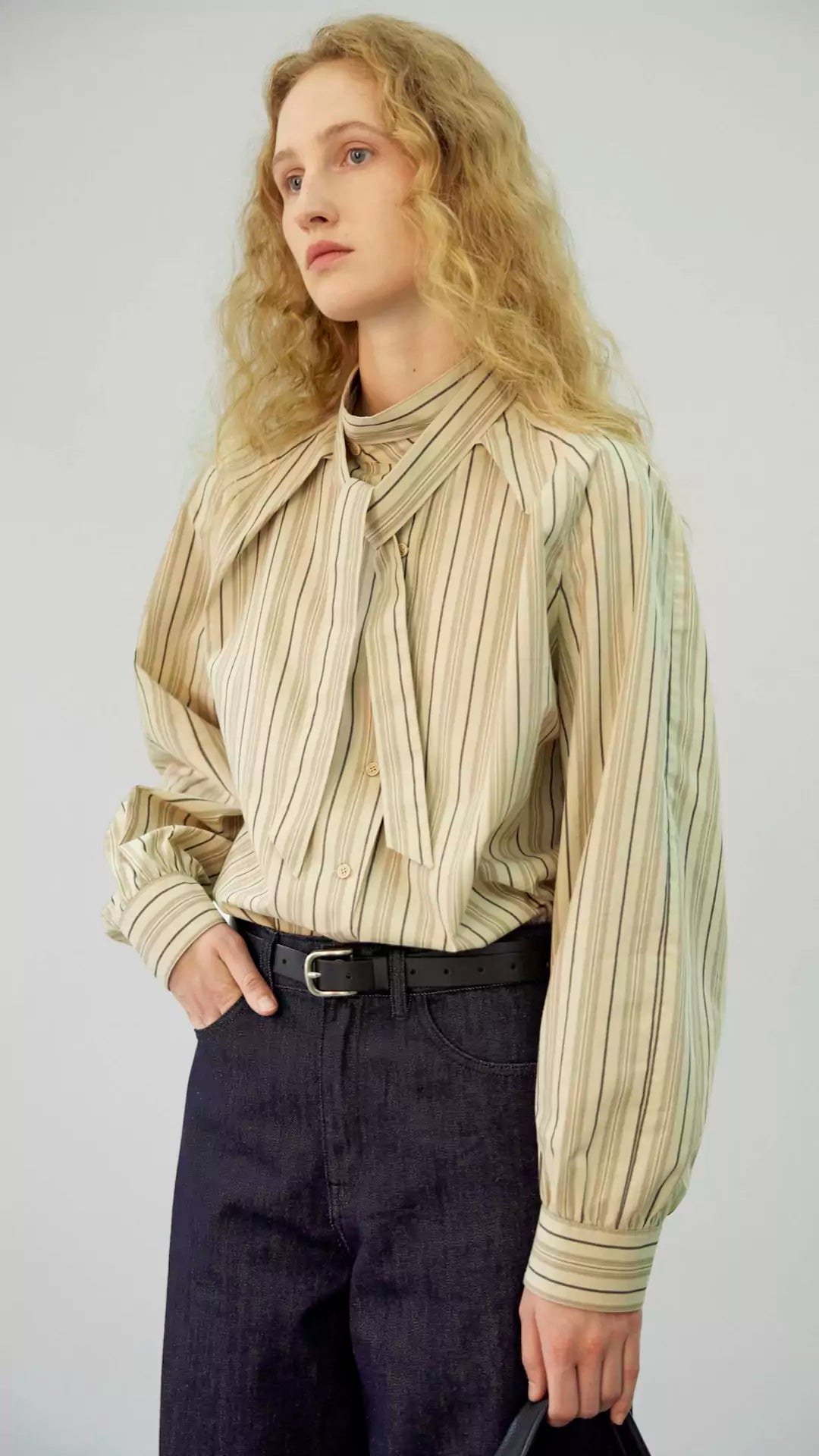 Vintage Striped Asymmetric Placket Shirt with Self-Tie Sash and Stand Collar