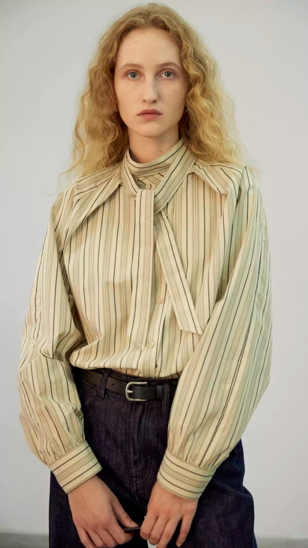 Vintage Striped Asymmetric Placket Shirt with Self-Tie Sash and Stand Collar